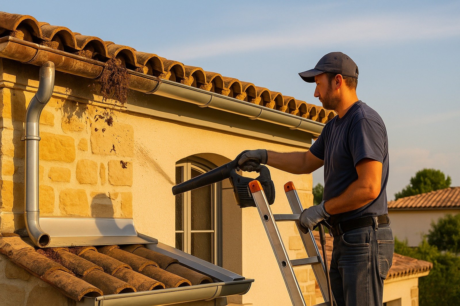 Entretien et rénovation de gouttières aluminium sur maison en Provence